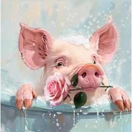 Enartly Bathroom Wall Art Cute Pig Rose Painting Funny Animal Picture Canvas Prints, Modern Watercolor Artwork Framed for Bedroom Living Room Kitchen Dinning Room Home Office Wall Decor, 14"x14"