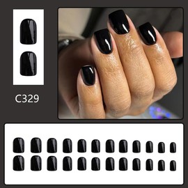 Black Press on Nails | Short Square Fake Nails,Reusable Glossy Artificial Nails,Solid Color False Nails with Jelly Adhesive Tabs,Stick on Nails for Women | Nail Press Ons in12 Sizes-24 Pcs
