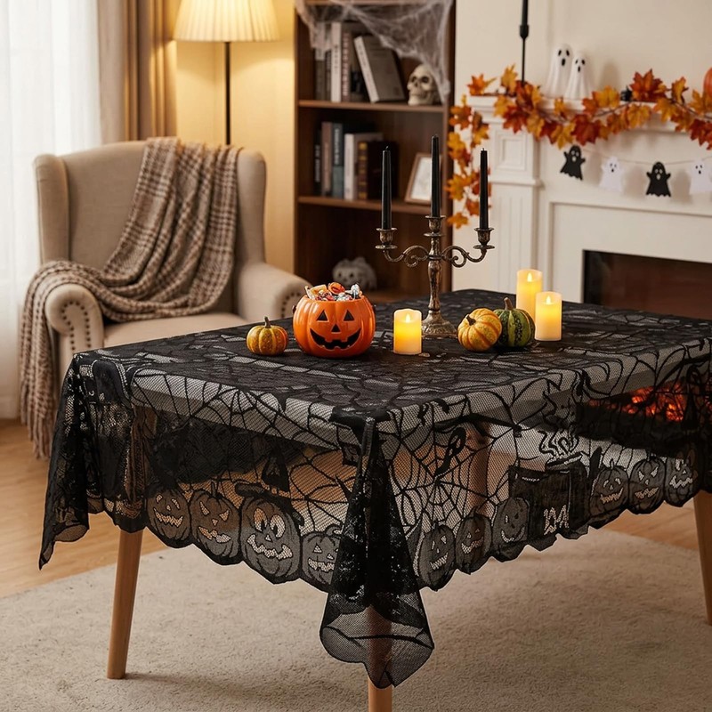1Pack Halloween Table Cloth, Black Lace Design with Pumpkin Bat