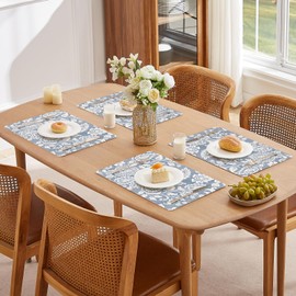 LilyCat Faux Leather Placemats Set of 6, Waterproof Oil-Proof Dining Table Mats for Kitchen, Indoor & Outdoor Heat Resistant Wipeable PU Place Mats, 18’’× 12’’, Blue Paisley Floral