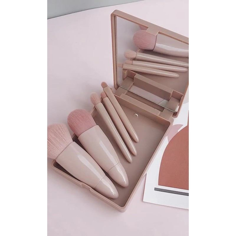 Set 5 Brochas De Maquillaje Portátil Con Estuche Y Espejo