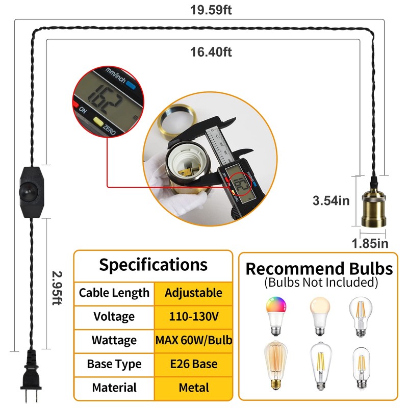 Plug in Pendant Light Cord hanging light kit with dimmer