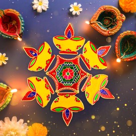 Acrylic Handcrafted Designer Colorful Rangoli for Pooja Home Interior Decoration Gift Wall Decoration Floor Decoration New Year Party Gift Small Rangoli Size-8" (Yellow Diya)
