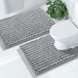 Yimobra Bathroom Rugs Sets 2 Piece, Extra Soft Thick Chenille Bath Mat and Toilet Rug, Non-Slip Absorbent Water Shower Carpet for Bathroom Floor, Machine Washable, 32" x 20" Plus 24" x 20" Grey