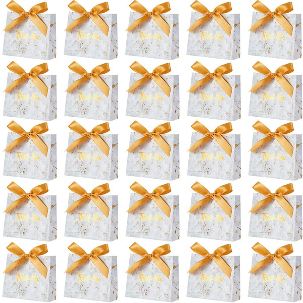 50 Pack Small Thank You Gift Bag Boxes Marble Pattern Mini Party Favor Gift Bags with Golden Bow Ribbon Treat Boxes Mini Paper Bags Bulk for Wedding Baby Shower Party Favors Bridesmaid Celebration
