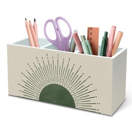 DILSJ Boho Abstract Sunshine Pen Pencil Holder Organizer for Desk, Boho Office Decor, Sage Green Mid Century Modern Minimalist Sun Sunshine Wooden Box Signs for Home Office Desk Tabletop Decoration