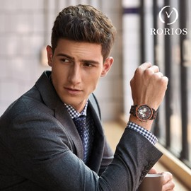 RORIOS Men's Wooden Watch Waterproof Analog Quartz Watch Natural Handmade Wood Wrist Watch Multi-Function Chronograph Watches for Men