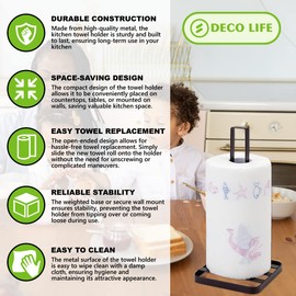 Deco Life® Kitchen Roll Holder Free Standing Paper Towel Holder Countertop Black Kitchen Towel Holders For Standard and Large Sized Rolls for Kitchen Countertop and Dining Table
