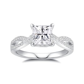 ZHOANLE Moissanite Engagement Rings for Women Princess Cut 925 Sterling Silver with 18K White Gold Plated Twisted Rope Wedding Rings Eternity Rings for party for Her Christmas Gift(7.5)