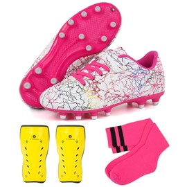 brooman Kids Firm Ground Soccer Cleats Girls Football Cleats with Shin Guards and Soccer Socks (12,White Pink)