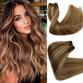 Balayage Weft Hair Extensions Hand Tied Sew in Hair Extensions 18Inch 100Grams Highlight Human Hair Double Weft Ombre Blonde Sew in Weft Hair Bundles Light Brown to Blonde #6T6P18 Remy Hair for Women