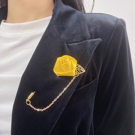 Fashion Men Rose Flower Lapel Stick Brooch Pin Satin Tassel Chain Dangling Handmade Boutonniere Pins for Suit Collar Men’s Wedding Groom Groomsman Floral Tuxedo Corsage Accessory Husband Father (Yellow)