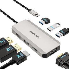 WAVLINK USB C Dock 4k Display, 7 in 1 Laptop Dock, Multiport Adapter, Dual 4K DP, 4K HDMI, 1080P VGA, 480Mbps USB2.0-A MacBook