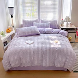Guchuang Bedding Double Size Duvet Cover Set, Purple Seersucker Design 3-Piece Bedding Set - Soft Microfiber, Wrinkle-Resistant & Decorative Duvet Cover with Hidden Zipper (Double, 200x200cm)