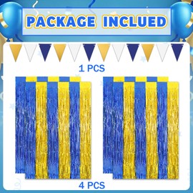 4 Pack Navy Blue and Gold Foil Fringe Curtains with 1pcs Banner, 13.2x6.6ft Blue and Gold Party Decorations Tinsel Backdrop Photo Booth Prop Streamer for Birthdays Wedding Party Decorations