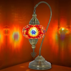 mozaist Mosaic Tiffany Style Swan Neck Table Lamp, Turkish Colorful Handmade Vintage Bedside Corner Decorative Lighting, Gooseneck Farmhouse Nightstand with E12 Socket & US Plug (Fire Ball)