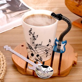 Taza de Guitarras, Taza de Café con Diseño de Asa de Guitarra y Cuchara, Adecuado para el Té y el Café de la Mañana, Regalo Original para los Amantes de la Música, Unisex. (Guitarra Electrica Azul)