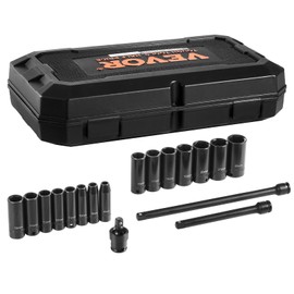VEVOR Drive Impact Socket Set 3/8" - 18 Piece Deep Socket Set Metric 8-22mm - 6 Point CR-V Alloy Steel for Auto Repair - Easy-to-Read Size Markings - Rugged Construction Includes Storage Case