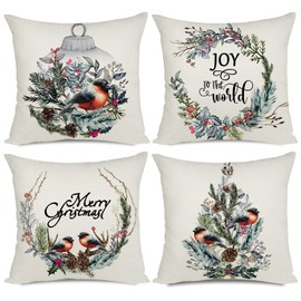 Artmag Christmas Decorations Pillow Covers 22x22 Wreath Bird Joy to The World Merry Christmas Rustic Pillow Cover Shams Cases Slipcovers Decoration Set of 4 for Couch Sofa