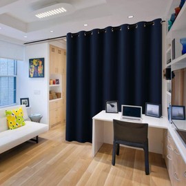 RYB HOME Curtain 100 inch - Extra Wide Blackout Curtain Grommet for Bedroom Patio Sliding Glass Door Dining Cafe Bar Family Room Kids Nursery Morden Decor, 100 x 84 inch, Navy