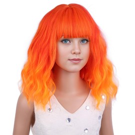 PATTNIUM Orange Ombre Wig Kids Child Wig Short Curly Wavy Wig Flame Fire Wig for Kids Orange Wig with Bangs Synthetic Hair Girls Wig (Flame)