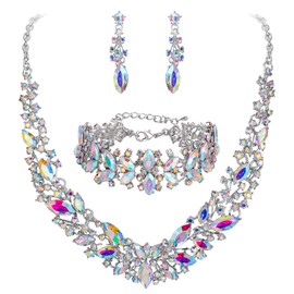 Clearine Wedding Bridal Necklace Earrings and Bracelet Jewellery Set for Women Crystal Marquise Cluster Collar Clear Silver Tone, Alloy Steel Crystal Alloy steel