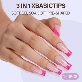Misssix XBASICTIPS Uñas postizas francesas rosas, 150 unidades, largas y cuadradas, preformadas, sin limar, 3 en 1, para extensiones de uñas, 15 tamañ
