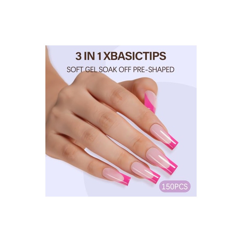 Misssix XBASICTIPS Uñas postizas francesas rosas, 150 unidades, largas y
