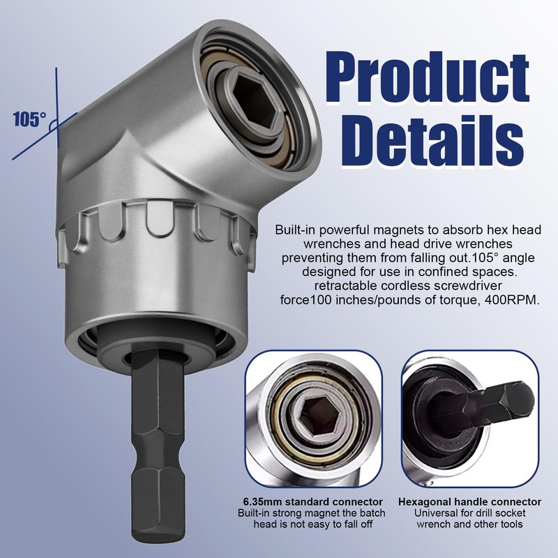 105° Right Angle Drill Attachment, 1/4-inch Hex Shank Right Angled