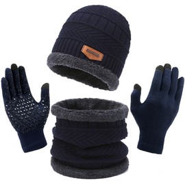 TYXHXTF Winter Hat Scarf Gloves Warm 3 in 1 Set, Knitted Slouch Beanie Cap Circle Scarf and Non Slip Touchscreen Glove Soft Stretch for Outdoor Sports, Gift for Men Women (Blue)