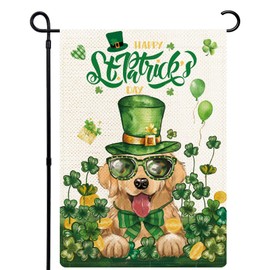 YOVOYOA Golden Retriever St. Patricks Day Garden Flag 12x18 Double Sided, St Patricks Day Clovers Dog Yard Flag, Burlap Welcome Spring Holiday Flag for Patio Porch Farmhouse Outdoor Decor