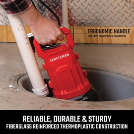 CRAFTSMAN 1/3 HP Fiberglass Reinforced Thermoplastic, Fully Submersible Sump Pump, Efficient Multi-Use Electric Water Pump, Piggy-Back Tether Float Switch, 10 Ft. Cord, 3500 GPH