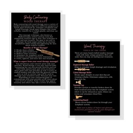 Wood Therapy Body Contouring FAQ Infocard | 30 Pack | 4x6” inch Large Postcard Size | Wood Therapy Client Handout Card | Fascia Massage Black with Rosey Pink Design