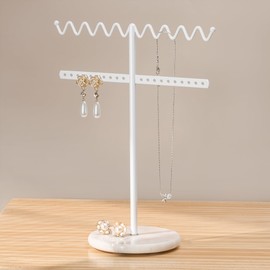 Josmimic Jewelry Stand Necklace Holder, White Metal Jewelry Organizer with Wavy Necklace and Earring Holder, Marble Base for Stability, Home Decor for Bedroom or Vanity