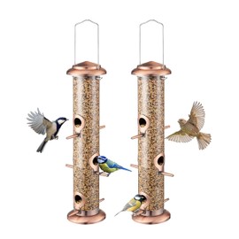 iBorn Metal Bird Feeders Brushed Copper Wild Bird Feeder for Outdoors Hanging All Metal Brushed Copper Finishing 14 Inch 6 Port,Pack of 2