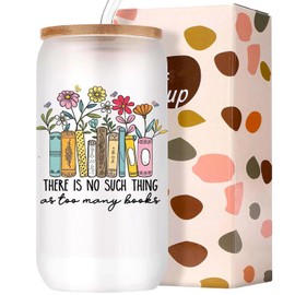 Leseogye Book Lovers Gifts for Women Aesthetic Glass Cups with Lids and Straws 16oz Coffee Cups Glass Bookish Gifts for Readers Bookworms Teacher Student Her Best Friends