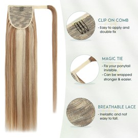 S-noilite Ponytail Extension Human Hair Balayage Clip in Wrap Around Ponytail Hair Extension Binding Ponytail Hair Piece 100% Remy Human Hair Straight 16 Inch (#12/613 Golden Brown/Bleach Blonde)