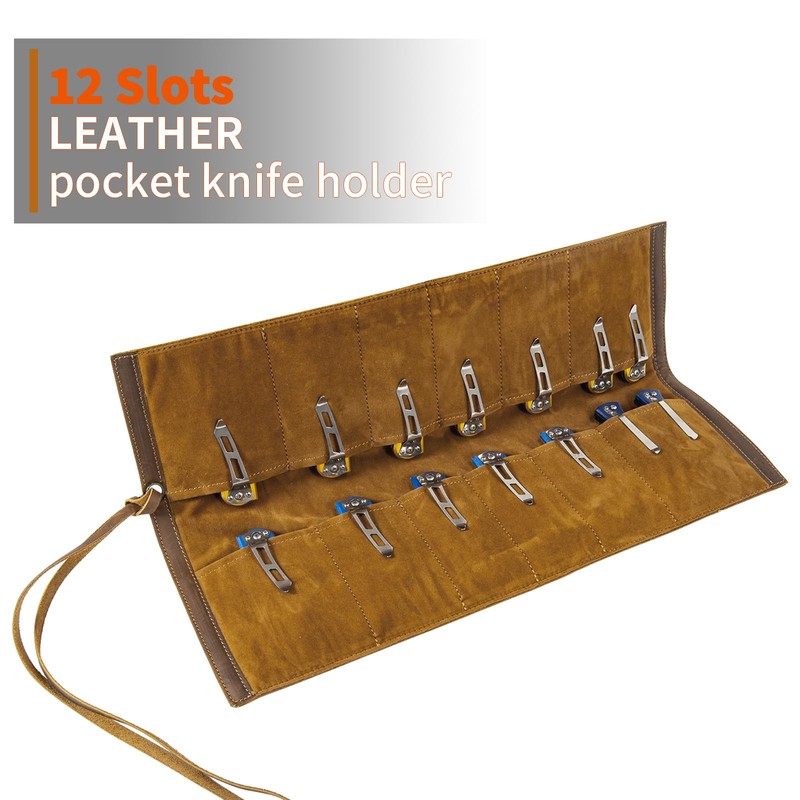 Baizoy leather Knife Display Bag with 12 Slots Pocket Knives,Folding