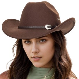 UTOWO Men Women Retro-Brown Western-Cowboy-Hat with Eyelets Felt-Cowgirl-Hats Solid-Felt Rodeo Roll-Up-Brim Fedora Hat