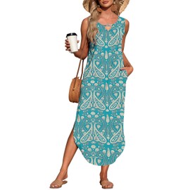 MISFAY Women's Summer Maxi Dress Sleeveless Loose Long Beach Split Dresses with Pockets(Paisley Floral Green,M)