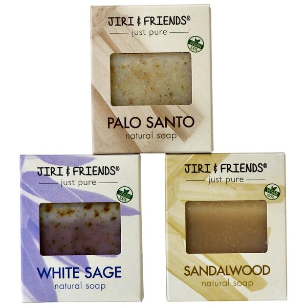 Jiri & Friends 3 Pack - 100% Vegan Natural Soap Set - Palo Santo, White Sage and Sandalwood - Luxurious Aromatic Bathing - Handmade | Moisturising | Cleaning Pleasure