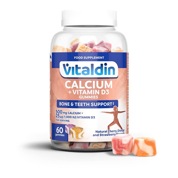 VITALDIN Calcium + Vitamin D3 Gummies – 500 mg Calcium & 1.000 IU Vitamin D per Serving – 60 Chewable Gummies (1-Month Supply); Fruit Flavour – Bone & Teeth Support – Gluten Free – for Kids & Adults