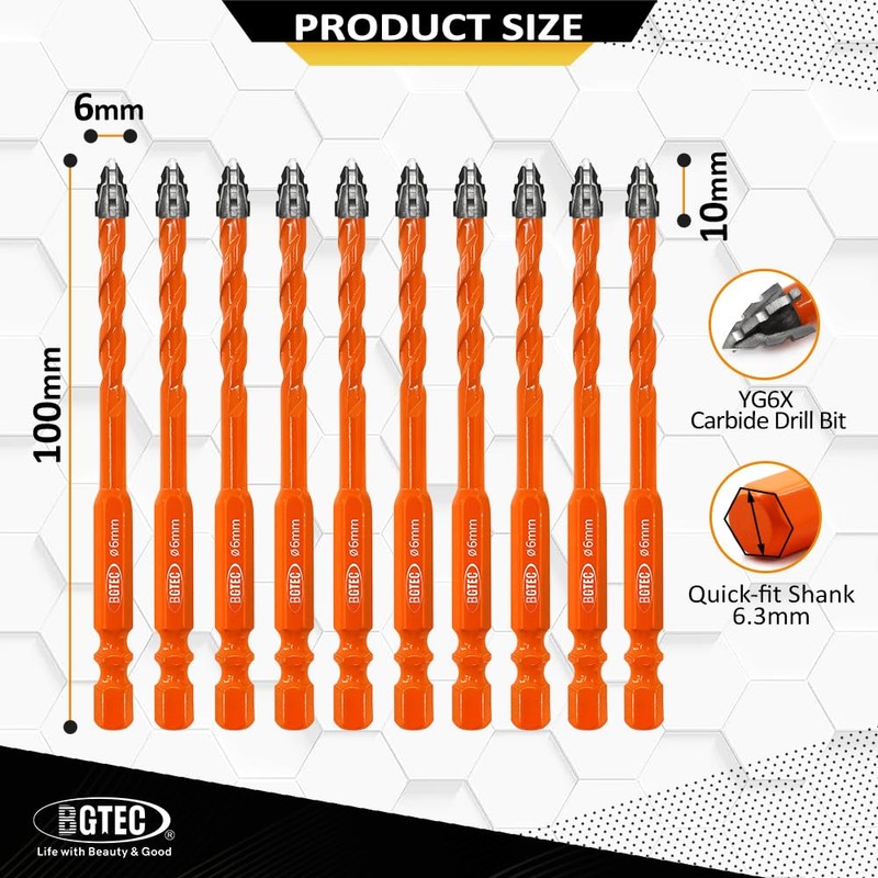 BGTEC Serrated Carbide Masonry Drill Bit Set - 10PCS 1/4"