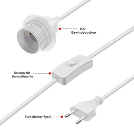 HuaLiSiJi E27 Lamp Holder with Switch with Plug E27 Socket Cable with Screw Ring for Lampshade Suitable for Hanging, Vertical Lights, DIY Lighting Cable (White, 2.5 m)