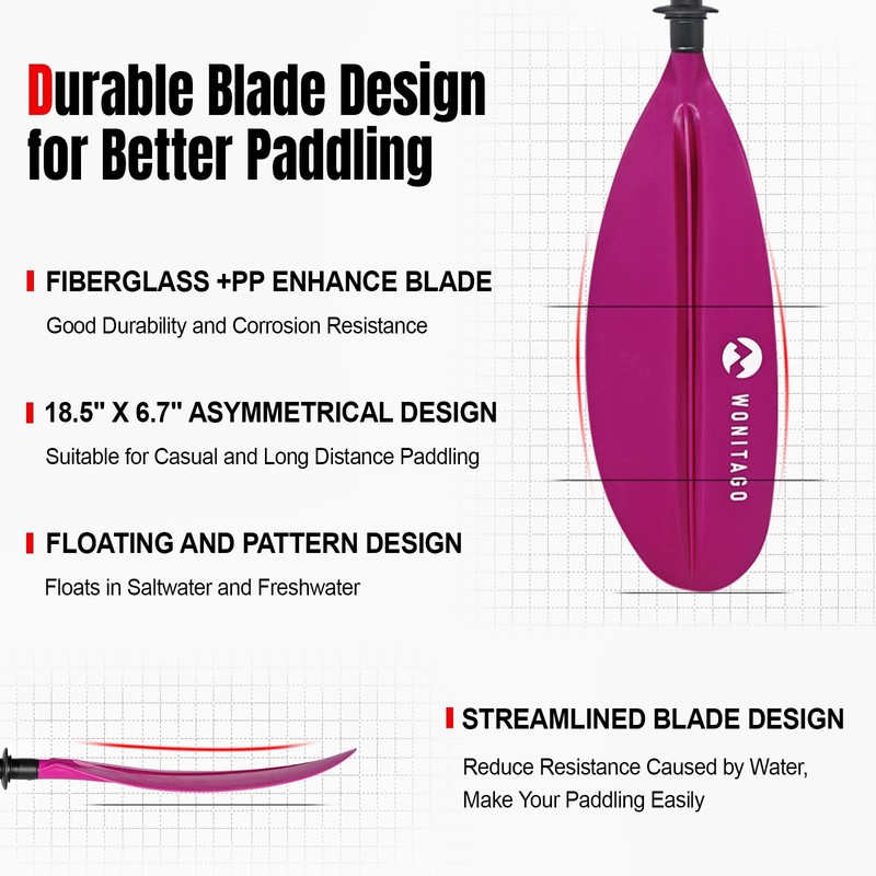 WONITAGO Kayak Paddles with Fiberglass Shaft and Reinforced PP Blade,