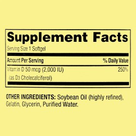 Spring Valley Vitamin D3 Supplement Softgels, 50 mcg (2,000 IU), 400 Count