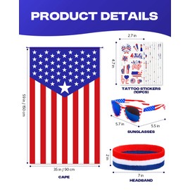 YUSPENYE American Flag Cape, USA Sunglasses, Headband & Patriotic Tattoos for 4th of July and Patriotic Events