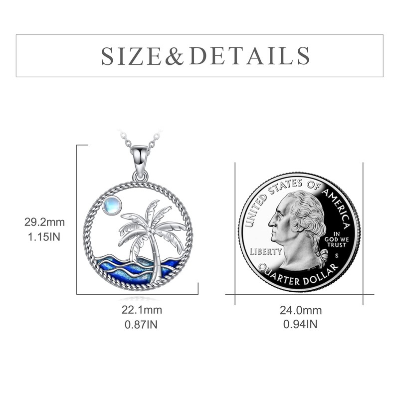 POPLYKE Palm Tree Necklace Sterling Silver Moonstone Ocean Wave Beach