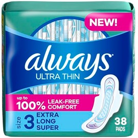 Always Ultra Thin Feminine Pads with Wings for Women, Size 3, Extra Long Super Absorbency, Unscented, 38 Count