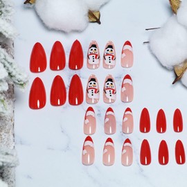 Christmas French Tip Press on Nails Almond Artificial Acrylic Fake Nails with Christmas Hat Cute Snowman Design, Full Cover Reusable Coffin False Nails, Glue on Nails for Women, DIY Stick on Nails Set